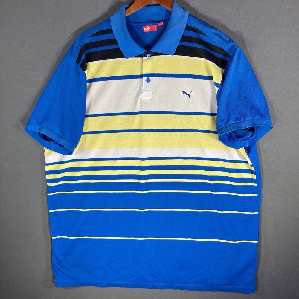 PUMA Golf Polo Shirt Mens 2XL Blue Colorblock Performance Short Sleeve Striped
